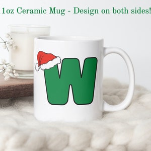 Caneca com letra 'W' de Natal, caneca com a primeira inicial, caneca com letra, caneca de café com monograma, caneca com chapéu de Papai Noel, presentes abaixo de 30, caneca de presente de Natal especializada