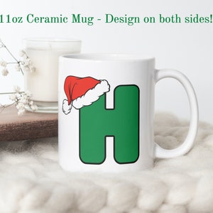 Caneca com letra 'H' de Natal, caneca com a primeira inicial, caneca com letra, caneca de café com monograma, caneca com chapéu de Papai Noel, presentes abaixo de 30, caneca de presente de Natal especializada