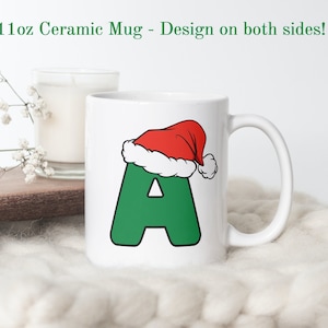 Caneca com letra 'A' de Natal, caneca com a primeira inicial, caneca com letra, caneca de café com monograma, caneca com chapéu de Papai Noel, presentes abaixo de 30, caneca de presente de Natal especializada