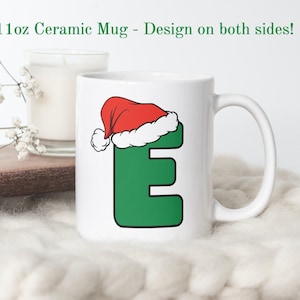 Caneca com letra 'E' de Natal, caneca com a primeira inicial, caneca com letra, caneca de café com monograma, caneca com chapéu de Papai Noel, presentes abaixo de 30, caneca de presente de Natal especializada