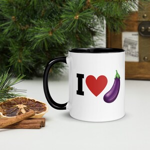 I Love Eggplants Mug, I Heart Men Mug, Funny Coffee Mug, Ceramic Coffee Mug, Black Mug, Adult Humour Gift Mug, Free Shipping