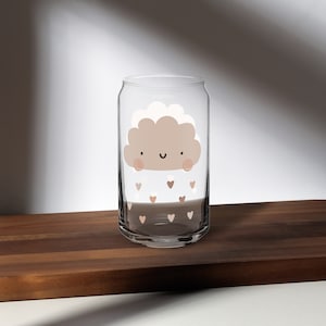 Can-Shaped Glass With Cute Rain Cloud Design On Both Sides, 16oz Glass Cup, Iced Coffee Mug, Free Shipping