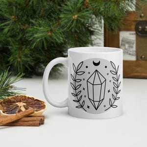 Crystal and Crescent moon Coffee Mug, Ceramic glossy mug, Moon Coffee Mug, Leaf Coffee Mug, Crystal Coffee Mug, Unique Birthday Gift Idea