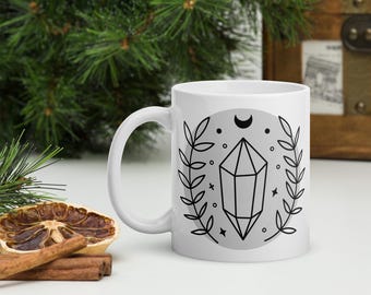 Crystal and Crescent moon Coffee Mug, Ceramic glossy mug, Moon Coffee Mug, Leaf Coffee Mug, Crystal Coffee Mug, Unique Birthday Gift Idea