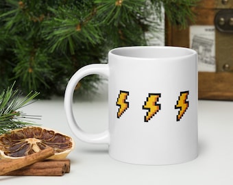 Pixel Art Lightning Mug, Two different sides, Coffee Mug for Gamer, Big Coffee Mug