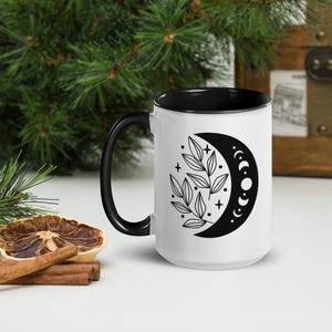 Phases Of The Moon Coffee Mug, Moon Lover Mug, Cottage Core Gift Mug, 15oz Large Mug With Black Inside, Free Shipping