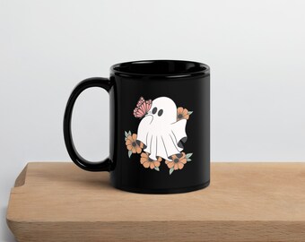 Flower Ghost Mug, Cottagecore Gift Mug, Floral Witchy Coffee Mug, Cute Halloween Kitchen Decor