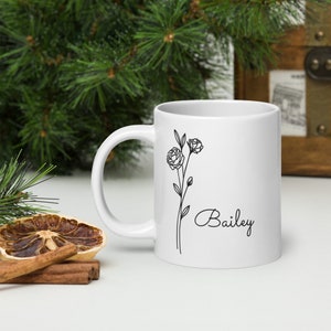 June Birth Flower Mug With Customizable Name, 20 oz Rose Flower Mug, Personalized Name Gift Mug, Ceramic Mug