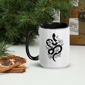 Aesthetic Floral Snake Coffee Mug, Phases Of The Moon Mug, Witchy Cottagecore Kitchen Decor, Black Mug With Color Inside 15oz Large Mug