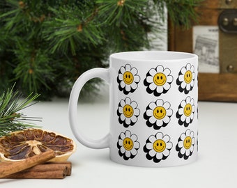 Smiling Daisy Mug, Happy Face Coffee Mug, Good Morning Mug, Cute Ceramic Coffee Mug