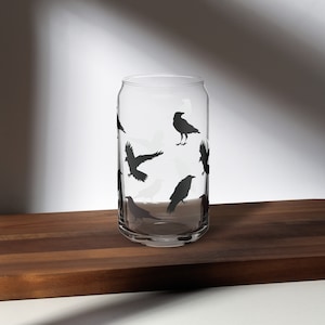Can-shaped Glass With Crow Design, 16 oz Glass, Trending Summer Cup Gift, Crow Lover Gift, Beer Glass, Gift For Husband