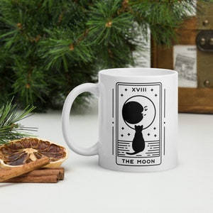 Taza de café con tarot de la luna, taza con gato y luna, taza con carta del tarot, taza de regalo lunar espiritual, taza de café negra, regalo de búho nocturno, taza de regalo para amantes de la luna