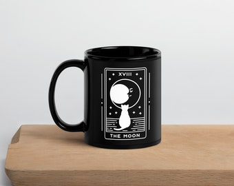 Moon Tarot Coffee Mug, Cat and Moon Mug, Tarot Card Mug, Spiritual Lunar Gift Mug, Black Coffee Mug, Night Owl Gift, Moon Lover Gift Mug