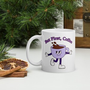 But First Coffee, Coffee Lover Gift Mug, Cute Gift Mug, Gifts Under 30, Free Shipping, Purple and White Ceramic Mug