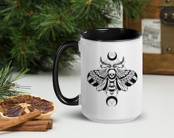 Death's Head Hawkmoth Mug: Witchy Cottagecore Coffee Cup, Black Interior (15oz)