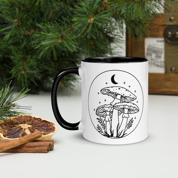 Mushroom And Crescent Moon Mug, Cottagecore Mug, Mushroom Coffee Mug, Witchy Gift Mug, Hippie Ceramic Mug, Black Novelty Mug, Gift For Her