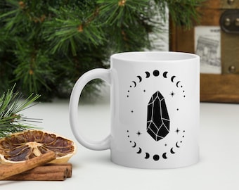 Tasse en cristal, tasse à café Cottagecore, tasse phases de la lune, tasse à thé, tasse spirituelle, tasse en céramique blanche brillante, cadeau pour amateur de café, cadeau mug, tendance