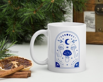 Mushroom Cottage Core Celestial Glossy Mug, Mushroom Mug, Coffee Mug, Moon Mug, Witchy Mug, Tarot Mug, Unique Gift, Mug Gift, Pretty tea mug
