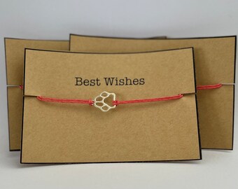 Regalo pequeño presente. Pulsera de doble cordón de algodón encerado de coral, dije de metal con estampado de pata de perro plateado, tarjeta de mejores deseos, unisex, para niños y adultos.