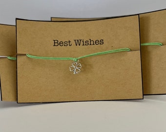 Regalo Pequeño Regalo Pulsera de Doble Cordón de Algodón Encerado Verde Plata Trébol de Cuatro Hojas Charm de Metal Tarjeta de Mejores Deseos Unisex Niños y Adultos.