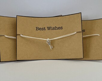 Regalo pequeño regalo blanco encerado algodón doble cordón pulsera plata llave metal encanto tarjeta de mejores deseos unisex niños y adultos.