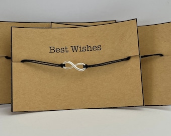Regalo pequeño regalo negro encerado algodón doble cordón pulsera plata signo infinito metal encanto tarjeta de mejores deseos unisex niños y adultos.