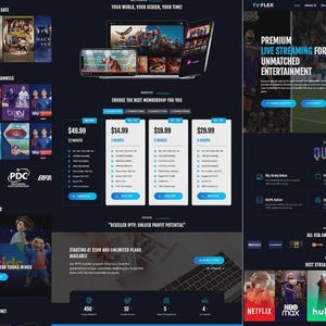 Puede incluir: Un diseño de sitio web azul oscuro que promociona los servicios de transmisión de TV-FLEX. El diseño incluye vistas previas de películas y canales deportivos, planes de suscripción y una sección "Quickpay". El texto incluye "Premium Live Streaming for Unmatched Entertainment."