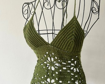 Crochet Olive Green Flower Halter top | Crochet tie up backless top