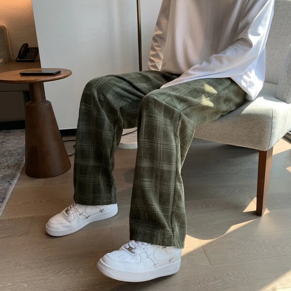 Men's Checkered Loose Fit Corduroy Pants | Y2K Streetwear Sweatpants | Hip Hop Style Casual Men's Clothing