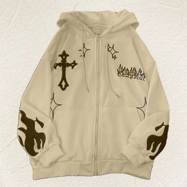 Y2K Embroidered Cross Flame Hoodie | Plush Coat | Couple Sweater | Multiple Colors