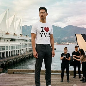 May include: A white short-sleeved t-shirt featuring the black text I and YVR with a red heart symbol in the centre, paired with dark charcoal grey trousers and clean white low-top trainers, creating a simple and casual outfit combination.