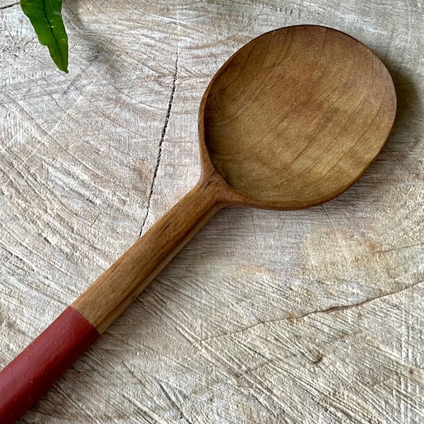 Hand Carved Wooden Mixing/Serving/Cooking Spoon - Maple Wood/11" Long/Handmade Spoon/Terra Cotta Red Housewarming Bridal Wedding Gift