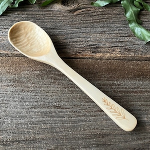 Hand Carved Large Wooden Mixing/Serving/Cooking Spoon - Maple Wood/10.25&quot; Long/Handmade Spoon/ Botanical Print/Leaf/Plant/Housewarming Gift