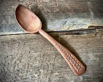 Hand Carved Wooden Eating Spoon/- Beech Wood/7.5" Long/Handmade Spoon/Chip Carving/Geometric Pattern/Triangle/Unique Gift