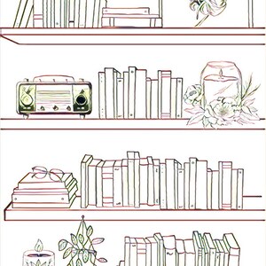 May include: A black and white line drawing of a bookshelf. The shelves are filled with books, a vintage radio, a framed picture, a candle, a stack of books with glasses, and a hanging plant.