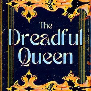 May include: A book cover with a dark blue background featuring the text A Dark Romantasy, The Dreadful Queen, and Amber Selene. The design includes ornate, glowing orange and yellow filigree patterns and black silhouettes of flying birds.