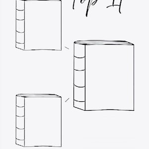 May include: A black and white line drawing featuring three books and the handwritten text 'Top It'. The books are rectangular with curved spines. The background is plain white.