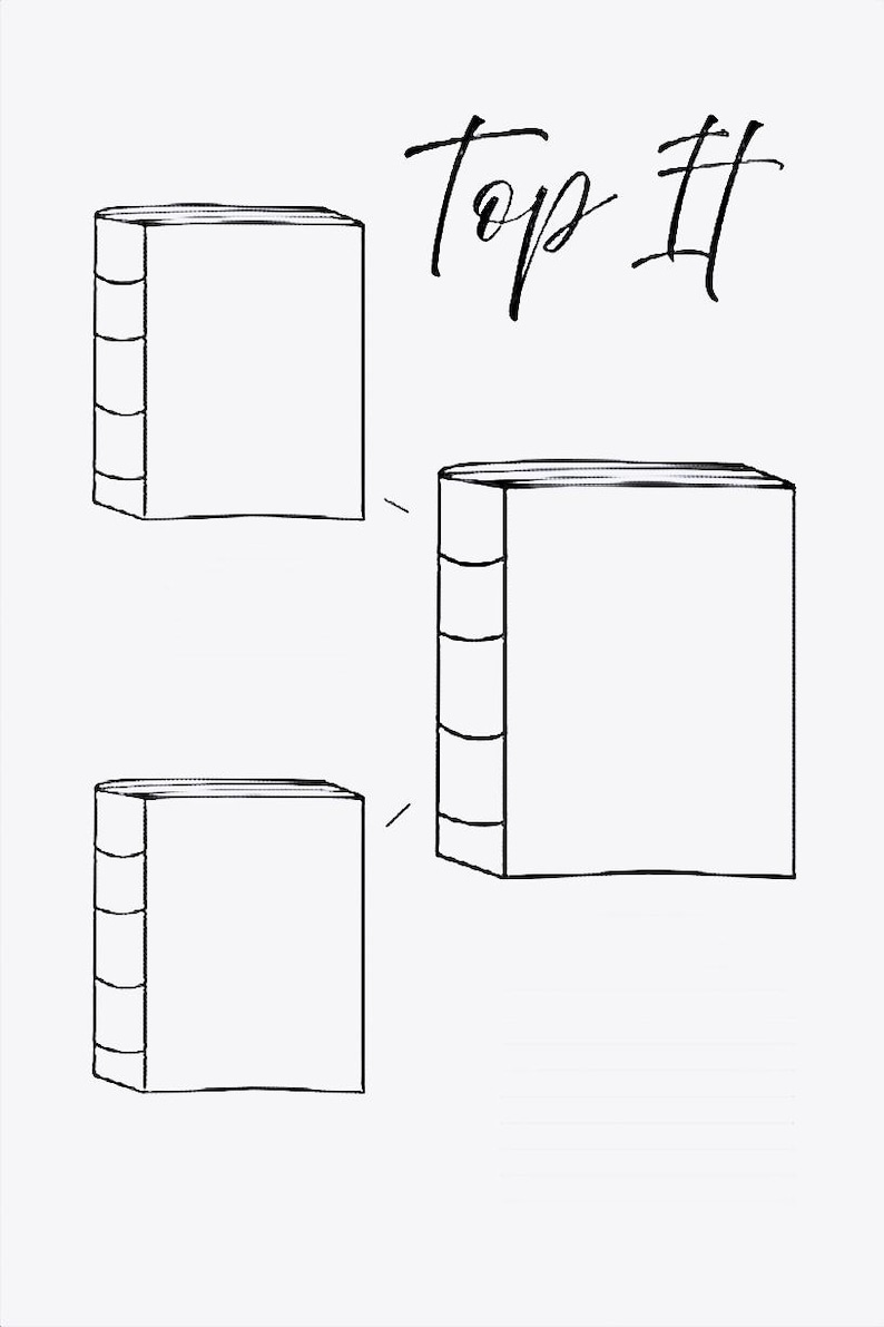 May include: A black and white line drawing featuring three books and the handwritten text 'Top It'. The books are rectangular with curved spines. The background is plain white.