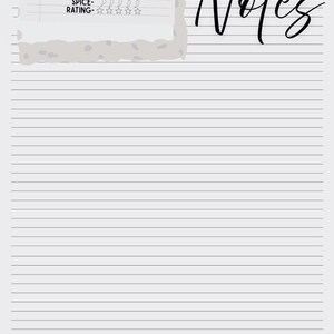 May include: A notebook page with the word "Notes" in cursive. It includes sections for title, author, genre, and a spice rating with five stars. A paper clip is in the top left corner. The page has horizontal lines.