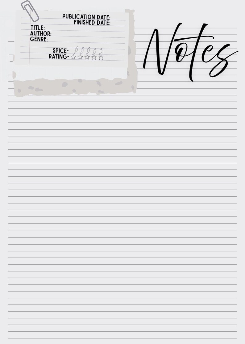 May include: A notebook page with the word "Notes" in cursive. It includes sections for title, author, genre, and a spice rating with five stars. A paper clip is in the top left corner. The page has horizontal lines.