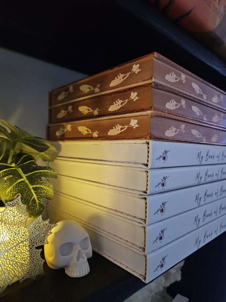 May include: A collection of books with the title "My Book of" on the spines. The top books are brown with a decorative design, while the lower books are white with a floral accent. A small skull and decorative leaf are in the foreground.