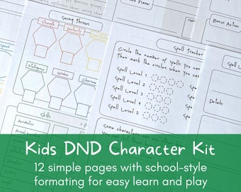 Kit de personajes DND para niños, hojas de personajes amigables para niños y principiantes de DND con formato de estilo escolar para Dungeons and Dragons más simples