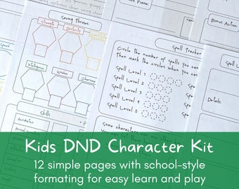 Kit de personnages pour enfants du MDN, feuilles de personnages adaptées aux enfants et aux débutants du MDN avec un format de style scolaire pour simplifier Donjons et Dragons