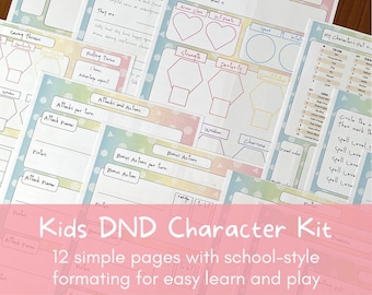 Kids DND Character Kit, fichas de personagens de masmorras e dragões para crianças com design de personagem fácil e simples e formato de estilo escolar