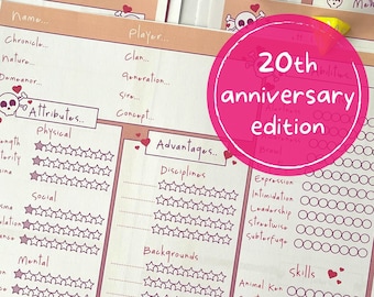 Vampire The Masquerade Character Sheets 20th Anniversary Edition | vtm v20 vampire cute & colourful skulls 8 page RPG Character bundle