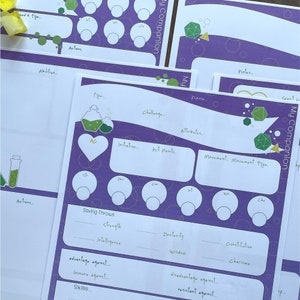 Companion and Familiars form fillable 5 page D&D Pack in our Purple Potions and dice set, Dungeons and Dragons 5e character sheets