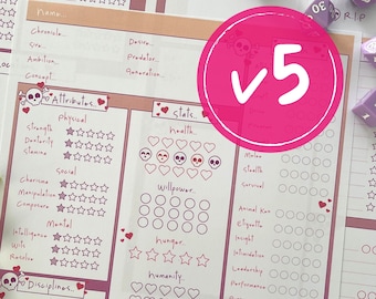 V5 Vampire The Masquerade Character Sheets Form Fillable | vtm v5 vampire cute & colourful gothic skulls 8 page TTRPG Character bundle