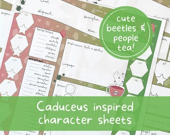 Puede incluir: Hojas de personaje verdes y rosas con un diseño lindo de escarabajo y taza de té. Las hojas incluyen secciones para clase, nivel, alineación, tiradas de salvación, habilidades, proficiencias, rasgos, habilidades, idiomas, armadura y más.