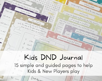 May include: A colorful printable Dungeons and Dragons journal for kids and new players. The journal includes 15 pages with prompts and activities to help kids learn the game. The pages are decorated with colorful illustrations and patterns.