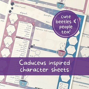 Papel crítico Caduceus Clay Dungeons and Dragons 5e Hojas de personajes, DND acogedor tema de personajes cottagecore de fantasía 9 formularios PDF rellenables